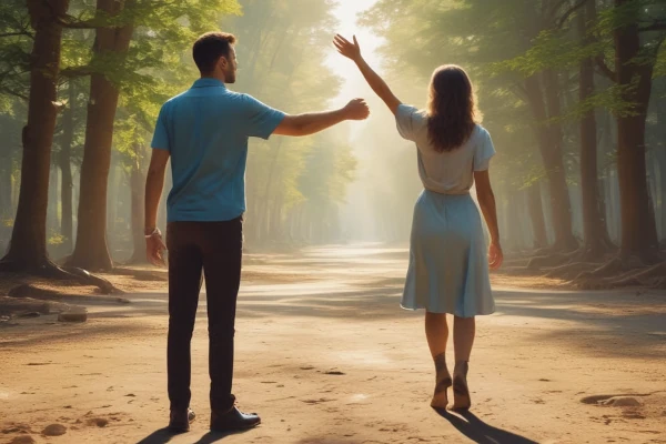 Glauben - Ein Paar läuft auf einem Waldweg im Sonnenschein und winkt