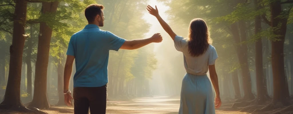 Glauben - Ein Paar läuft auf einem Waldweg im Sonnenschein und winkt